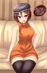 beret blush blushing brown_eyes brown_hair caption coco_adel couch english english_text eyebrows_visible_through_hair indoors rwby tagme text text_bubble thigh_highs thighhighs two_tone_hair virgin_killer_sweater