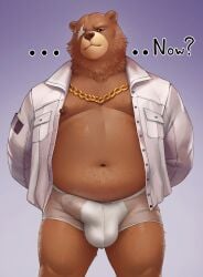 2024 absurd_res anthro balls_outline barazoku bear belly ben_bigger big_bulge brown_body brown_fur bulge chain_necklace clothed clothing detailed_bulge english_text erection erection_under_clothing eye_scar facial_scar front_view fur genital_outline genitals hands_behind_back hi_res highpups jacket jewelry looking_at_viewer male male_only mammal manly mihoyo musclegut muscular neck_tuft necklace nipples open_clothing open_jacket open_topwear overweight overweight_male penis penis_outline pinup portrait pose scar shirtless solo standing text three-quarter_portrait topwear translucent translucent_clothing translucent_underwear tuft underwear zenless_zone_zero