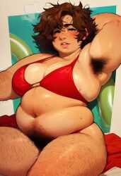 ai_generated bikini bikini_top brown_hair chubby chubby_female fat fat_woman freckles hairy hairy_armpits hairy_arms hairy_legs hairy_pussy messy_hair obese obese_female original_character overweight overweight_female sweat wet