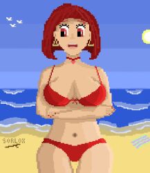 beach bikini choker_charm crossed_arms pixel_art red_eyes red_hair seaside standing