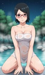 ai_generated ass barefoot bigmic145 black_eyes black_hair boruto:_naruto_next_generations breasts cleavage clothed clothed_female clothing female female_only glasses medium_breasts naked_towel naruto naruto_(series) sarada_uchiha shorts solo solo_female