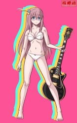 1girls blue_eyes bocchi_the_rock! bra embarrassed_underwear_female female gotou_hitori guitar large_breasts long_hair long_legs nuclear_warhead panties pink_hair slender_legs solo thighs underwear white_bra white_panties