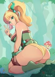 1girls ass blonde_hair elf elf_ears elf_female falkeart female female_only grand_chase green_eyes kneeling lire_eryuell long_hair looking_at_viewer outdoors peace_sign ponytail smiling smiling_at_viewer solo thick_ass thick_thighs v_sign very_high_resolution