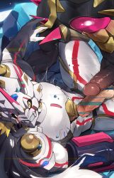 2boys agnimon11803164 armor balls bandai_namco big_balls big_penis clothing digimon digimon_(species) erection gay helmet male male/male male_only penis siriusmon tight_clothing