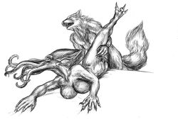 3_toes 5_fingers anthro breasts claws cthulhu female fenrir front_view fur furry furry_ears furry_tail genderswap_(mtf) greyscale h.p._lovecraft interspecies male monochrome mythology norse_mythology nude open_mouth pointy_ears raised_leg rule_63 sex straight tail tentacle white_background