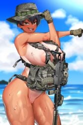 blush gun hitch_(hitch_driessen/perotoss400/kirochef) huge_breasts looking_at_viewer oc rokmc_chan tan_body tan_lines tanline thick_thighs tomboy wet