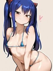 ai_generated areolae_visible_through_bikini bare_thighs blue_hair brown_eyes curvaceous curvy_female fairy_tail huge_thighs light-skinned_female light_skin looking_at_viewer micro_bikini oatmealdood oiled_body oiled_skin small_breasts smiling solo_female squatting sweat sweatdrop thick_body thick_female thick_thighs thighs twintails wendy_marvell