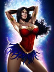 armor armpits arms_behind_head big_breasts black_hair bracers cleavage closed_eyes dc_comics female glitter long_hair muscular_female panties skirt smile solo standing wonder_woman