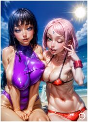 2girls ai_generated big_breasts bikini blue_hair byakugan cleavage female female_only friends green_eyes huge_breasts human hyuuga_hinata long_hair multiple_girls naruto naruto:_the_last naruto_(classic) naruto_(series) naruto_shippuden pink_hair sakura_haruno short_hair small_breasts swimsuit thighs tiny_breasts yametastudio