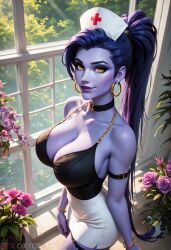 1girls ai_generated amelie_lacroix big_breasts breast female female_only fishnets long_hair nurse nurse_dress overwatch overwatch_2 oxtonai purple_hair purple_skin slutty_clothing slutty_nurse slutty_outfit widowmaker