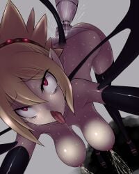 ahe_gao bent_over blonde_hair breasts demon_girl detached_sleeves disgaea disgaea_2 female_ejaculation fucked_silly highres hitachi_magic_wand jaga_usa lactation nippon_ichi_software panties pussy_juice red_eyes rozalin saliva sweat tail tear thighhighs tongue tongue_out underwear vibrator wings