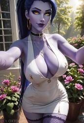 1girls ai_generated amelie_lacroix big_breasts breast female female_only gold_jewelry long_hair nurse nurse_dress overwatch overwatch_2 oxtonai purple_hair purple_skin widowmaker