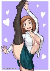 1girls :d big_breasts blush boku_no_hero_academia border breasts brown_eyes brown_hair cleavage feet heart leg_lift looking_at_viewer matching_hair/eyes medium_hair my_hero_academia no_bra ochako_uraraka open_mouth open_shirt paid_reward_available pose redjet school_uniform sideboob skirt smile solo standing standing_split thighhighs thighs toned toned_female unbuttoned url