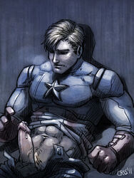 1boy 2011 abs after_masturbation avengers biceps blonde_hair blush breath captain_america captain_america_(series) crisart cum cum_on_boy cum_on_penis erection male male_only marvel navel pecs penis pubic_hair shirt_lift short_hair solo steve_rogers uncensored