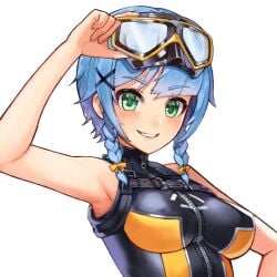 adjusting_goggles armpits bare_shoulders big_breasts blue_hair blush braid color diving_mask diving_mask_on_head diving_suit female female_focus female_only fringe fringe_hair front_zipper front_zipper_swimsuit game_cg goggles goggles_on_head green_eyes last_origin looking_at_viewer one-piece_swimsuit one_piece_swimsuit ribbon ribbon_in_hair sangobob short_hair smile smiling smiling_at_viewer swimsuit transparent_background triaina_(last_origin) twin_braids upper_body x_hair_ornament yellow_ribbon