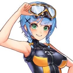 adjusting_goggles armpits bare_shoulders big_breasts blue_hair blush braid color diving_mask diving_mask_on_head diving_suit female female_focus female_only fringe fringe_hair front_zipper front_zipper_swimsuit game_cg goggles goggles_on_head green_eyes last_origin looking_at_viewer not_porn one-piece_swimsuit one_piece_swimsuit ribbon ribbon_in_hair safe safe_for_work sangobob sfw short_hair smile smiling smiling_at_viewer swimsuit transparent_background triaina_(last_origin) twin_braids upper_body x_hair_ornament yellow_ribbon