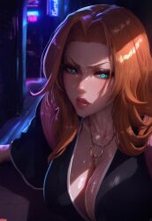 ai_generated bleach cleavage close-up dark_alley klausherbert looking_at_viewer matsumoto_rangiku mommy outdoor outdoors seductive seductive_eyes seductive_look shiny_skin sweat very_sweaty