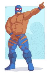 1boy abs alternate_facial_hair bara biceps brawl_stars dark-skinned_male dark_skin el_primo erection flexing gay girthy_penis grin highres large_pectorals looking_at_viewer luchador_mask male male_focus male_only muscular muscular_male navel nipples pants pectorals penis penis_grab pointing pointing_forward smile solo sparse_stubble standing stomach strongman_waist thick_thighs thighs topi_(topi5356) topless_male torn_clothes torn_pants uncensored wrestler wrestling_outfit