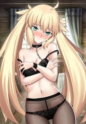 absurdres ahoge artoria_caster_(fate) artoria_pendragon_(fate) bed black_bra black_choker black_panties blonde_hair blush bra breasts chain_leash chains choker cleavage closed_mouth cowboy_shot crossed_arms english_commentary fate/grand_order fate_(series) female green_eyes hair_between_eyes highres indoors lace-trimmed_bra lace-trimmed_panties lace_trim leash lingerie long_hair longdq3008 looking_at_viewer medium_breasts navel nervous_smile no_headwear panties panties_under_pantyhose pantyhose skindentation smile solo sweatdrop twintails underwear underwear_only window wooden_floor