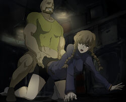 amane_suzuha ambiguous_penetration artist_request beard bike_shorts bottomless braid breasts brown_hair clothed_sex crying doggy_style duo open_mouth penile_penetration rape shirt smile socks source_request steins;gate tagme tears teeth tennouji_yuugo twin_braids