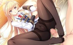 amelia_rose_brettingham ankoromochi bed blonde_hair blue_eyes blush censored female game_cg long_hair pantyhose penis shitsuji_ga_aruji_wo_erabu_toki tiara vibrator