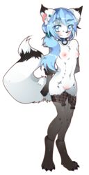 2014 alpha_channel anthro arctic_fox black_nose blue_eyes blue_hair blush breasts canine celierra collar digitigrade ear_piercing female fox fur hair kimmymanga long_hair mammal navel nipples nude piercing pocket_pussies pussy solo stockings white_fur