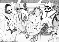 alien alien/human artist_name aurra_sing bith black_and_white blackheart_(artist) bodily_fluids breasts clone_trooper female figrin_d'an gungan human interspecies jar_jar_binks male male/female nipples padme_amidala penis sex sex_toy star_wars strap-on toydarian watto