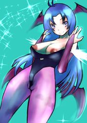 1girls blue_hair blush breasts byoki cameltoe clothing cosplay darkstalkers denpa_onna_to_seishun_otoko erect_nipples female flossing large_breasts morrigan_aensland morrigan_aensland_(cosplay) nipple_slip nipples pubic_hair see-through smile solo touwa_meme