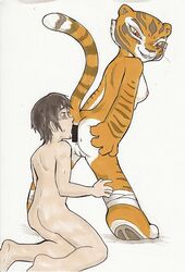 anthro censored daigaijin dominant_anthro dreamworks female femdom fur furry human interspecies kung_fu_panda kung_fu_panda_(movie) kung_fu_panda_2 licking_ass male male_human/female_anthro malesub master_tigress oral paramount_pictures red_eyes tiger