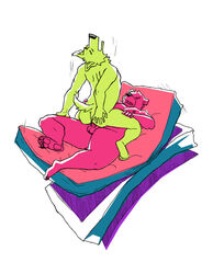 anal anal_sex anthro ass balls bear bed canine closed_eyes color cowgirl_position duo erection feet fur green_fur hand_on_ass hindpaw lying male mammal mattress muscles nude on_back on_top open_mouth osos overweight pawpads paws penetration penis pink_fur plain_background sex teeth white_background yaoi