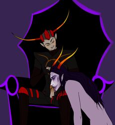 2boys black_hair blush chair closed_eyes clothing facepaint gay grand_highblood grey_skin homestuck horns licking_penis long_hair looking_down ms_paint_adventures naked open_mouth oral penis pointy_ears precum purple_background purple_eyes red_highlights short_hair smile smileygremlin the_summoner tongue_out troll