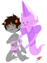 2boys :3 anal black_hair blush cat clothing gay grey_skin homestuck horns jaspersprite karkat_vantas masturbation ms_paint_adventures naked penis pink_fur pointy_ears sex short_hair sprite tail tentacles troll whiskers white_background yellow_eyes