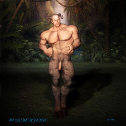 1boy abs bald beard deity digitigrade erect_nipples facial_hair flaccid forest_background greek_mythology hooves_and_horns jungle large_penis looking_at_viewer male male_only mustache mythology pan pecs satyr solo solo_male tagme thick_thighs