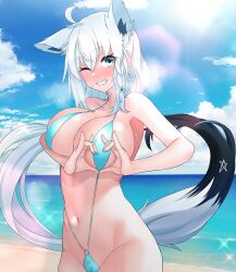 1girls 2022 absurdres ahoge alternate_breast_size animal_ears aqua_eyes barseisui beach blush braid breasts female fox_ears fox_girl fox_tail heart heart-shaped_boob_challenge heart_hands highres hololive hololive_gamers hololive_gen_1 hololive_japan large_breasts long_hair looking_at_viewer navel outdoors shiny shiny_hair shiny_skin shirakami_fubuki side_braid sling_bikini slingshot_swimsuit smile solo standing stomach sweat swimsuit tail virtual_youtuber white_hair