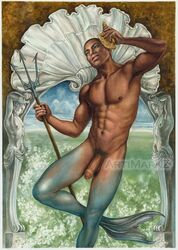 armpit_hair artimarkz bald dark-skinned_male erect_nipples fins flaccid_penis greek_mythology green_scales holding_weapon male male_only muscular muscular_male mythology penis pubes pubic_hair solo trident triton uncut