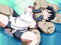 bald_man black_hair blue_eyes blush censored clenched_teeth dragon_ball dragon_ball_z erodon_hearts female fighting fingerless_gloves human imminent_rape male no_panties pussy red_eyes restrained shirt short_hair smile spopovich spread_legs straight thighhighs torn_clothes videl wink