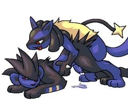 9_6 color cum feral fur interspecies lucario luxray male nude pokemon pokemon_(species) red_eyes sex side_view tagme