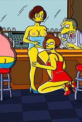 barney_gumble breasts clothes color edna_krabappel female high_heels indoors male moe's_tavern moe_szyslak multiple_females multiple_males nipples sitting standing tagme the_simpsons yuri