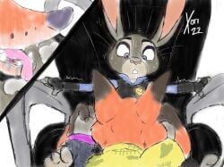 anthro bodily_fluids bottomwear bottomwear_down breath canid canine chair clothed clothing disney duo female fox furniture hi_res implied_cunnilingus judy_hopps lagomorph leporid male male/female mammal nick_wilde office_chair open_mouth oral_sex panting pants pants_down partially_clothed rabbit rough_sketch shaking spread_legs spreading sweat tongue tongue_out trembling xoti_(artist) zootopia