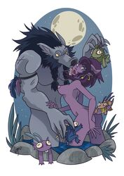 anthro armband ass background breasts draenei female licking_face long_hair male moon murloc night purple_skin scar standing_in_water veganya warcraft worgen world_of_warcraft