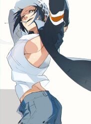 arms_up big_breasts black_hair canon_genderswap cigarette clothed female female_only genderswap_(mtf) hat headwear jacket jeans looking_back no_bra one_piece open_jacket rule_63 short_hair shounen_jump sideboob solo tank_top trafalgar_law trafalgar_law_(female) traffic_light yellow_eyes