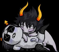 2boys anal black_background black_hair closed_eyes equius_zahhak fingerless_gloves gamzee_makara gay grey_skin homestuck horns ms_paint_adventures open_mouth penis sharp_teeth short_hair stockings sunglasses sweat troll tsuin