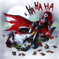 2girls batman_(series) batwoman black_widow_(marvel) clothing clownification crossover dc_comics enemy_conversion female female_only jokerfication jokerization kate_kane marvel marvel_comics multiple_girls natasha_romanoff strap-on thriller yuri