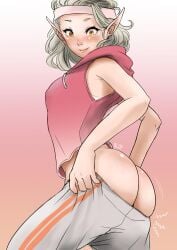 ass big blush dumptruck_ass elf_ears female foluthewizard grey_hair gym_clothes headband hoodie pants_pull pointy_ears red_eyes tight_clothing wearing_pants