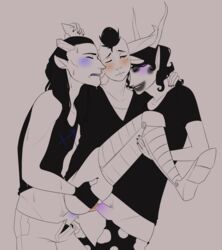 3boys anal black_hair black_nails blush brown_eyes closed_eyes clothing double_penetration equius_zahhak facepaint gamzee_makara gay grey_background grey_skin homestuck horns monochrome ms_paint_adventures one_eye_closed open_mouth pants_down penis pointy_ears pubic_hair purple_eyes robotic_legs sharp_teeth short_hair smileygremlin tavros_nitram troll