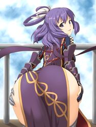 1girls ao_no_kiseki armor ass ass_grab dat_ass dress eiyuu_densetsu female female_only from_behind hair_ribbon half_updo hand_on_ass highres hou_(hachiyou) huge_ass long_hair looking_at_viewer looking_back pov_ass purple_eyes purple_hair ribbon rixia_mao side_slit skindentation smile solo thighhighs