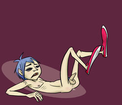 2d_(gorillaz) after_sex annie-mae black_eyes blue_hair gorillaz male_only missing_teeth presenting solo tagme tattoo topless