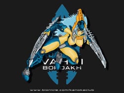 4:3 armor bionicle boots bordakh breasts color cyan_hair female female_only footwear hair holding human humanized lego nipples open_eyes orange_eyes rule_63 solo vahki yellow_skin