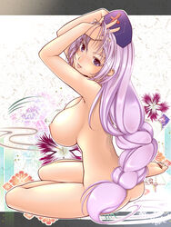 arms_up ass back barefoot braid breasts cleavage eirin_yagokoro expressionless feet female from_behind hat highres koibumi large_breasts long_hair looking_at_viewer looking_back nipples nude nurse_cap sideboob silver_hair sitting solo touhou yokozuwari