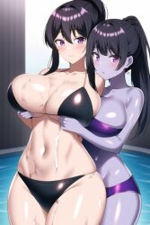 2girls ai_generated black_bikini breast_envy breast_lift breast_squeeze female female_only highres huge_breasts nai_diffusion original original_characters ponytail pool purple_bikini purple_eyes purple_hair purple_skin rubycks stable_diffusion wet_skin